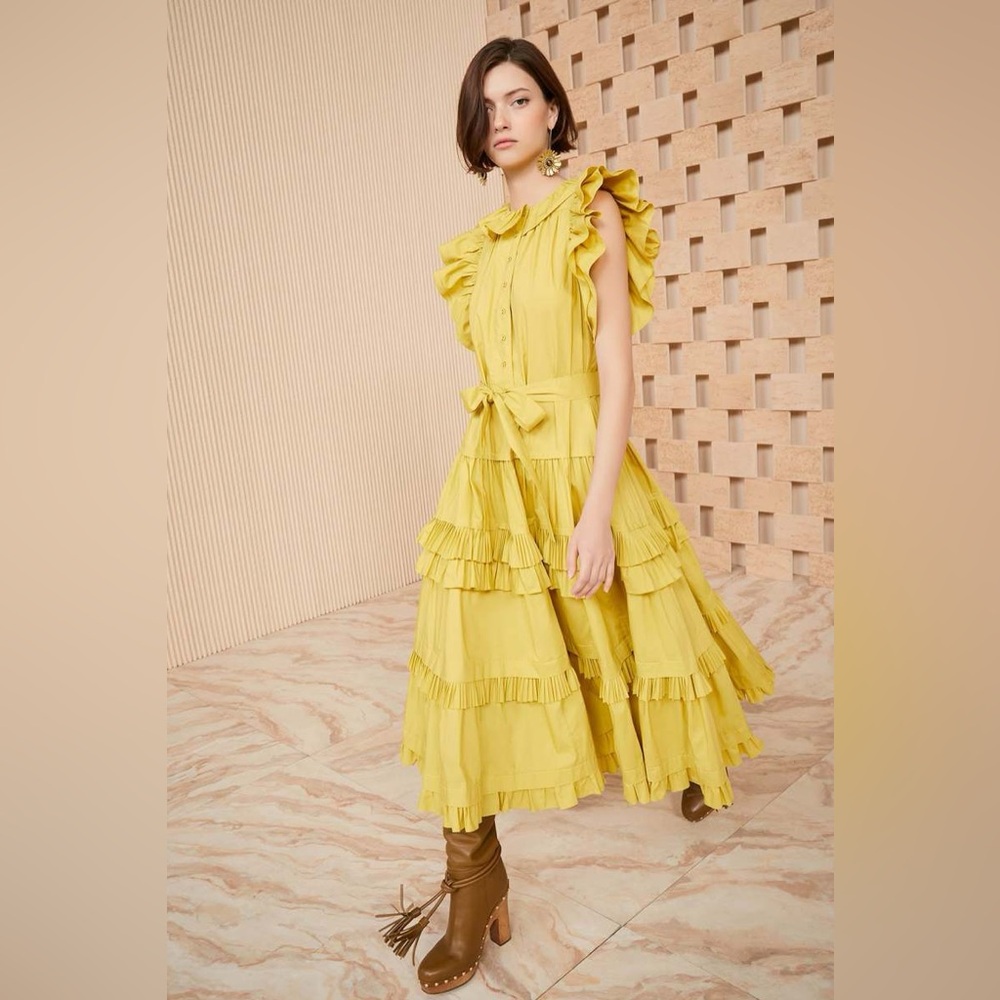 ULLA JOHNSON
Elsie Tiered Poplin Midi Dress In Limonite